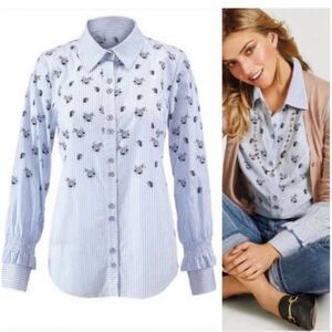 CAbi #5368 Whitney Floral Blue Stripe Button Down Shirt Women's Size Medium